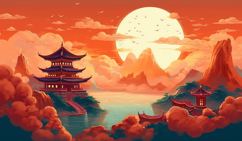 国潮山水亭台楼阁湖泊美景,插画/手绘图,插画/手绘图库,插画/手绘图下载,插画/手绘
